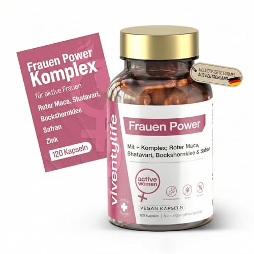 ViventyLife Täglicher Vitaminbedarf für Frauen Roter Maca Komplex mit Magnesium Shatavari Safran Bockshornklee Tribulus Zink Piperin Vitamin B6 & D3-120 Vegan Kapseln