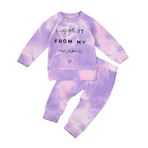 Toddler Baby Girl Fall Winter Clothes Tie Dye Long Sleeve Letter Print Knit Sweatshirt Top Pants 2Pcs Outfit Set (Purple,12-18 Months)