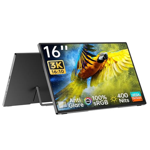 Image of Intehill 16 inch Portable Monitor 3K, 3072x1920 Portable Display, 16:10 Anti-Glare Portable IPS Display with Tempered Glass, 100% sRGB HDMI Portable Laptop Screen, Travel Monitor with Kickstand, U16ZA