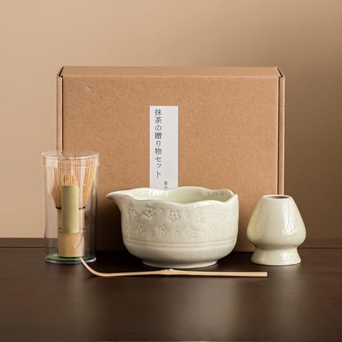 Dudass お抹茶セット 抹茶泡立て器セット 抹茶碗 百本立 茶筅 茶筅立て 茶杓 茶さじ 初心者さん向け 茶道具 茶道 伝統的工芸品 お手入れも簡単 敬老の日 父の日 母の日 クリスマス 新年 誕生日 ギフト プレゼント (ベージュ,4点セット)