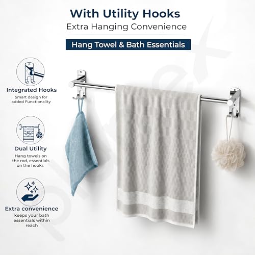Image of Plantex J4 Stainless Steel Self Adhesive Towel Rod for Bathroom /Single Towel Hanger Without Drill /Towel Holder for Bathroom /24 Inch Towel Rod with Hook /Bathroom Accessories- Pack of 1 (Chrome)