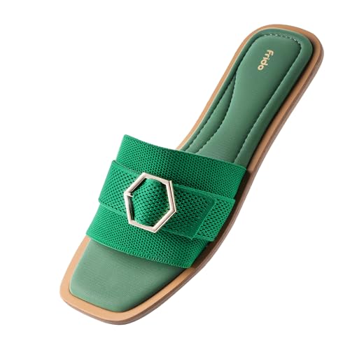 Frido Comfort Flat Sandals For Women | Super Soft Stylish Slip-On Sandals with Cushioned Sole – Daily Office and Casual Wear with Padded Knit Upper, Breathable & Zero-Drop Sole - Emrald Green (UK - 10)