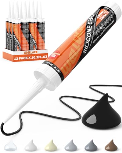 Image of WELLUCK Black Silicone Caulk, 100% Waterproof Silicone Sealant Adhesive Caulking,for RV, Kitchen,Bathroom, Window, Door, Glass, Auto Leak Sealing 10.2FL.OZ /300ML(12 Pack)