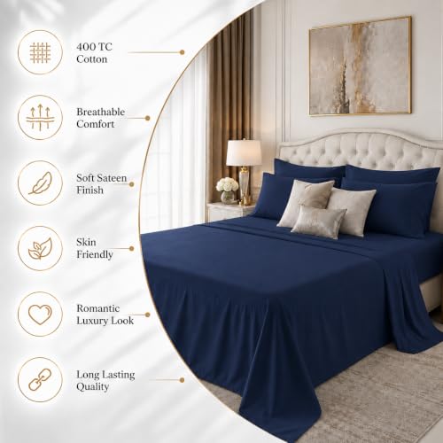 Image of LINENWALAS 100% Cotton Bedsheet with Pillow Cover for Double Size Bed, Natural Soft 400tc Long Staple Imported Egyptian Cotton Premium Oeko-Tex Certified Bed Sheet (90 inch x 100 inch, Navy Blue)