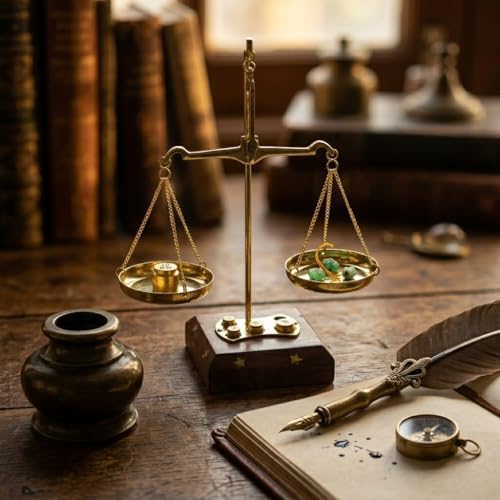 Báscula decorativa balance de latón y madera compacta miniatura 5