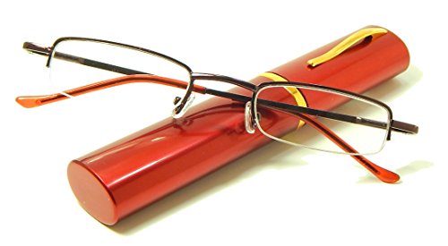 WebDeals (R) Reading Glasses - Ultra Slim Compact Unisex, with Spring Temple. Assorted Magnification Strengths and Colors. Includes Aluminum Style Case (2.75 Red Case/Frame)