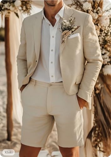 ORBITRAY Men's Linen Short Suit Set 2 Pieces Jacket Short Set Groom Spring Summer Breathable Wedding Business Easter Suit Set4