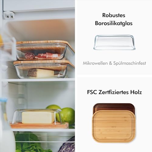 KIVY Butterdose Glas mit luftdichtem Deckel für streichzarte Butter - BPA Frei - Butterdosen - Butter dish - Butterschale mit Deckel - Butterdose mit Deckel - Butter Box Dose - Butterbox Bambus Holz