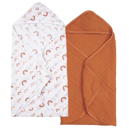 Image of PHF 2 Pack Baby Hooded Towels, 100% Muslin Cotton Baby Bath Towel with Hood for Newborn, Infant, Toddler, Ultra Soft and Absorbent Baby Essentials Bath Towels for Boys Girls, 32x32Inch, Rainbow