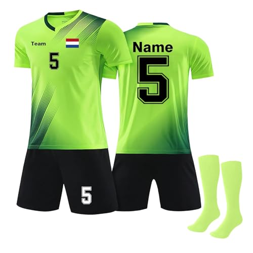 Kashyke Camiseta personalizada para niños con bandera holandesa, camiseta de fútbol personalizada para niños y niñas, camiseta de fútbol con tu nombre, número y logotipo del equipo, verde, 130/140 cm