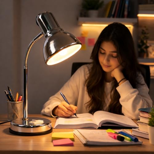 Image of Metal Desk Lamp with Bulb, Red Finish, Adjustable Gooseneck, 16 Inch Height, Strong Body Table Lamp (Silver)