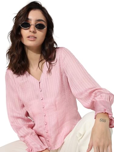 Image of ONLY Women Polyester Regular Self Design V-Neck Puff Sleeves Shirt Style Top