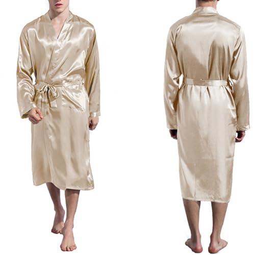Men's Satin Robes Kimono Bathrobe Long Sleeve Silk Sleepwear Spa Nightgown with Belt and Pockets