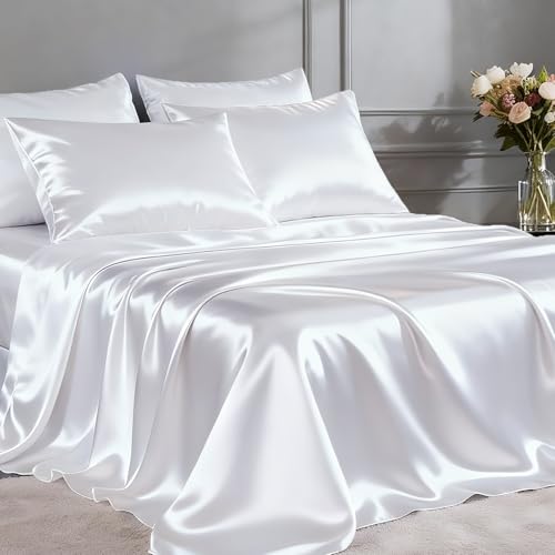 FreshCulture Satin Sheets Queen Size Bed Set- 4 Piece Luxury Soft Silky Queen Sheet Set Similar to Silk Bed Sheets with 1 Deep Pocket Fitted Sheet 1 Flat Sheet & 2 Pillowcases (White)