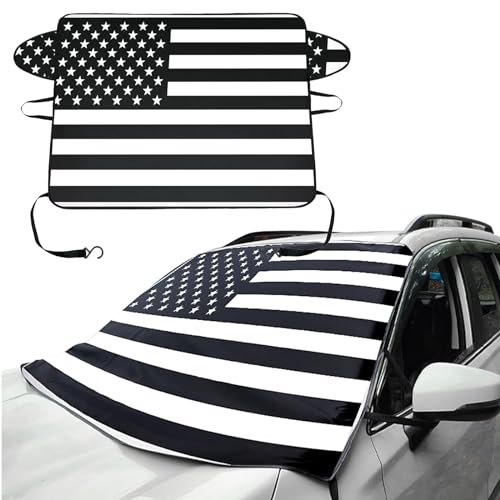 Image of 1 PC American Flag Car Windshield Snow Cover, 66.9In x 47.2In Durable Oxford Vehicle Front Window Winter Protection, Universal Foldable Waterproof Accessories for SUVs Trucks Cars (Black)