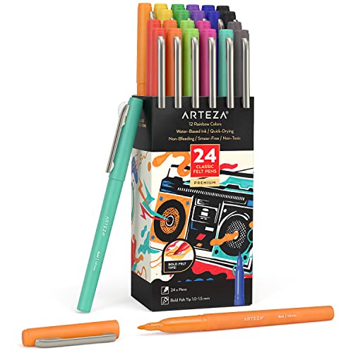 Arteza Felt Tip Pens, Set Of 24, 12 Rainbow Colors, 1.0–1.5 Mm Fiber Tip, Quick-Drying Water-Based Ink, Art Supplies For School, Office, And Home #TOP26