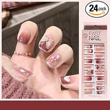 Sunkizzrs Nails Extension Artificial Nail Everlasting French Tip Full False Nails Acrylic Fake Nail Tips Art Set With Nail Adhesive Stickers & Nail File 24pcs