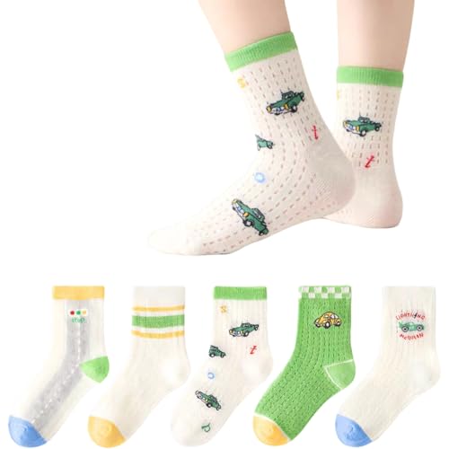 5 Pairs Kids’ Mesh Crew Socks for Summer for 1-12 Years Old, Cute Cartoon Breathable Socks for Boys Girls Toddlers
