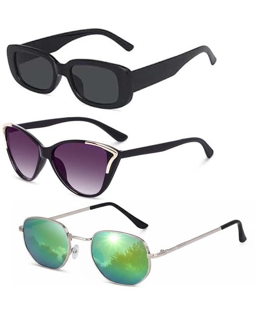 Y&S Unisex Goggle Combo| Combo Offer Pack of Branded Latest Stylish| Black Candy Black Cateye Green Hexagonal for Men and Women with Box|3-1194