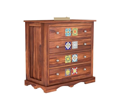Image of Solid Sheesham Wooden Sideboard Cabinet with 4 Drawer - Chest of Drawers Wooden Drawer Storage Cabinet for Bedroom Living Room Storage Furniture (Scott)