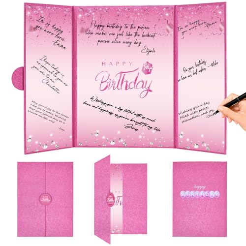 Image of Crenics Hot Pink Birthday Decorations for Women, Creative Birthday Guest Sign in Book Alternative, Happy Birthday Signature Book 18 inch x 12 inch, Awesome Birthday Gifts for Girls