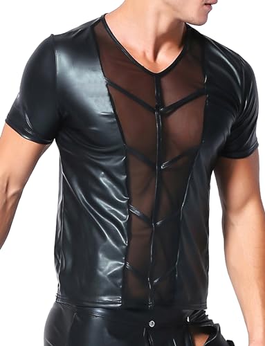 FEOYA Men’s Leather Shirts Short Sleeve Slim Fit Tops Short Sleeve Round Neck Clubwear Sexy Black Leather T-Shirts