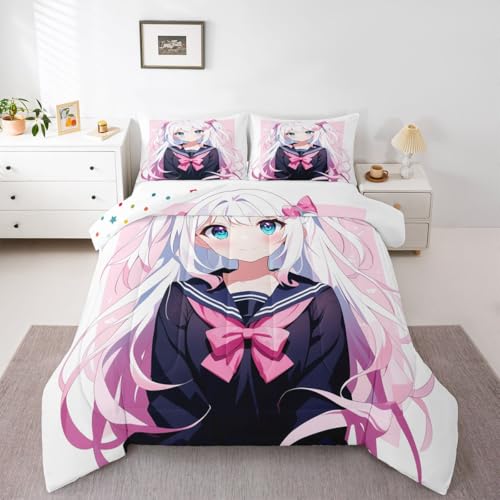 Image of Erosebridal Kawaii Japanese Girl Comforter Set Cartoon Anime Gifts Bedding for Kids Boys Girls 3D Japanese Style Bedding Comforters & Sets Sailor Suit Uniform Girl Design Duvet Set Queen Size