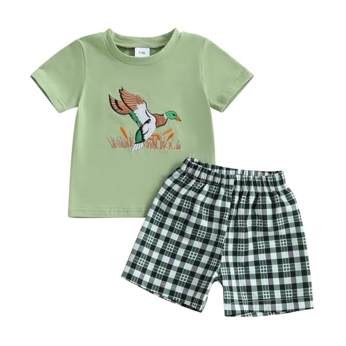 Image of Infant Toddler Baby Boy Mallard Duck Clothes Summer Short Sleeve Shirts + Plaid Shorts Country Boy Farm Outfit