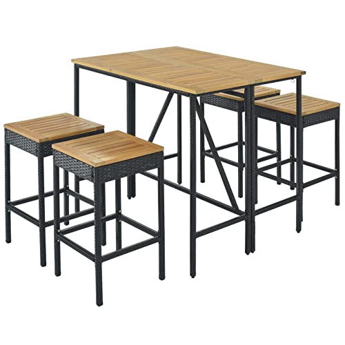 Duntrkdu 5-Piece Garden Pe Rattan Wicker Dining Table With 4 Stools & 1 Wood Table, Square Stool Set, Outdoor Patio Wicker Bar Set With Foldable Tabletop For Backyard Poolside Lawn, Brown #TOP5