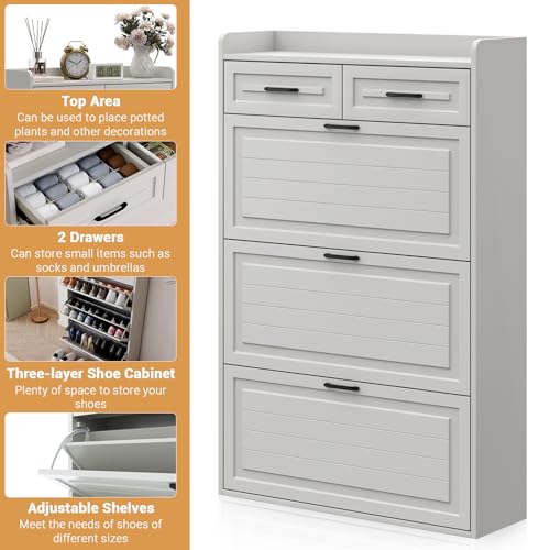 CuisinSmart Shoe Cabinet with 3 Flip Drawers and 2 Storage Drawers, Easy to Store 18-24 Pairs of Shoes, Adjustable & Removable Panel, Shoe Storage Cabinet for Entryway, Hallway, White