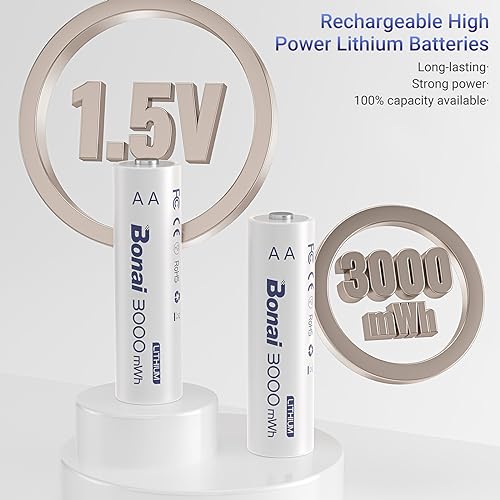 Image of BONAI Rechargeable Lithium AA Batteries with Charger, 3000mWh 1.5V AA Batteries for Blink Camera 8 Count with 2H Fast Charge- Blue
