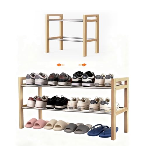 LEMIKKLE Schuhregal Holz Eiche 2-stöckig Erweiterbar Mit Edelstahl-Elementen Ideal Für Enge Räume Eingänge & Garagen