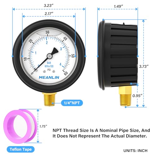Image of MEANLIN MEASURE 0~60Psi Stainless Steel Liquid Filled Pressure Gauge 1 /4 inch NPT 2.5 inch FACE DIAL with Rubber Protective Sleeve, Lower Mount