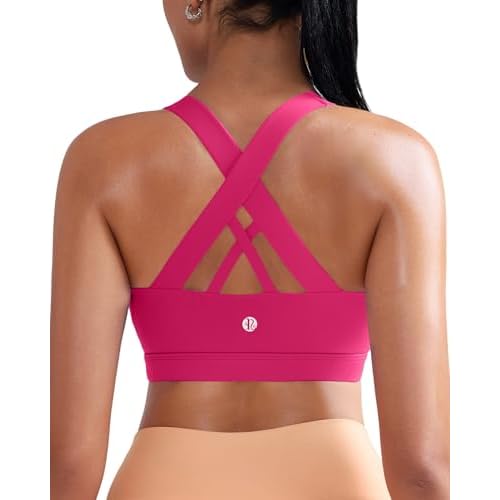 RUNNING GIRL Sports Bra for Women, Criss-Cross Back Padded Strappy Sports Bras Medium Support Yoga Bra with Removable Cups X-Small Hot Pink