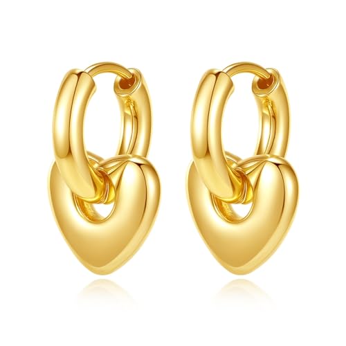 Heart Dangle Earrings for Women, 18K Gold Plated Heart Huggie Hoop Earrings, Love Heart Shaped Dangle Drop Earrings