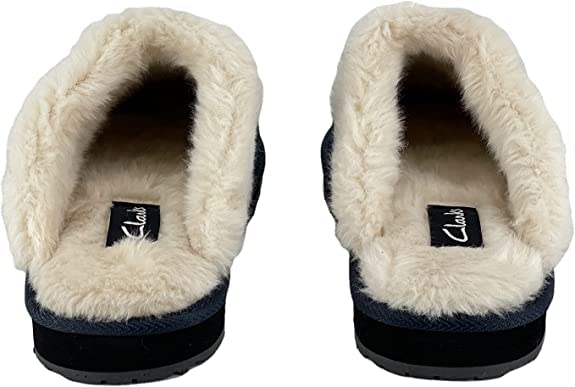 Image of Clarks Womens Open Back Suede Leather Comfort Clog Slipper JMS0583C - Plush Faux Fur Trim - Indoor Outdoor House Slippers for Women (Navy Premium Suede, 9)
