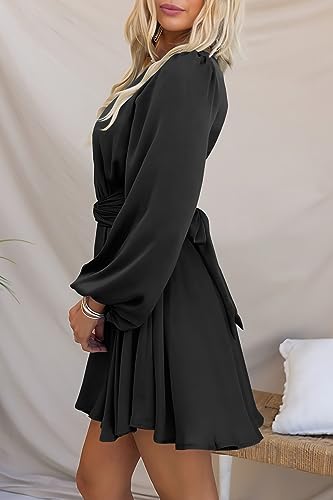 MITILLY Women\'s Elegant Satin Long Sleeve Round Neck Wrap Tie Waist Flowy Cocktail Party Mini Dress Small Black