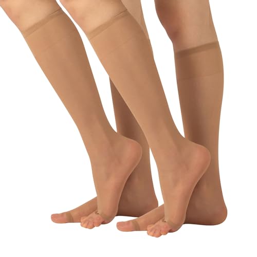 CALZITALY - 2 Pairs Open Toe Knee High Socks for Women (One Size, Black or Nude)