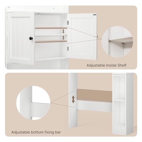Image of Ahomly Over The Toilet Storage Cabinet, 32.3 inch W x 70.3 inch H, White | Over Toilet Bathroom Organizer with Doors, Adjustable Shelves, Toilet Paper Holder, 2 Side Hooks, for Bathroom, Laundry