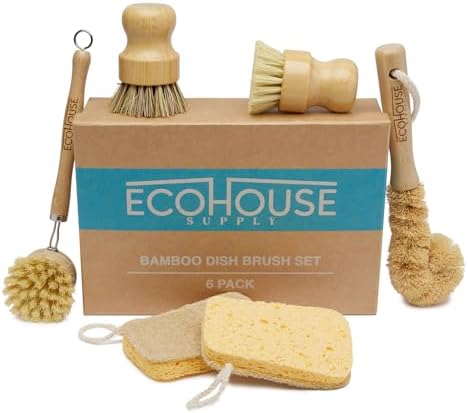 ECOHOUSE SUPPLY™ Bamboo Dish Brush Set – 6-Piece Natural Fiber Ki...