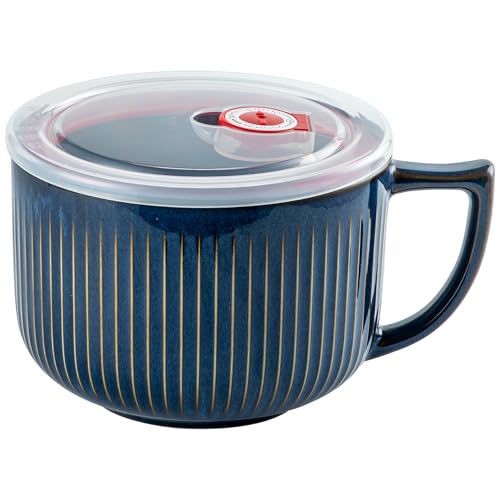 Large 1100ml Soup Bowl with Handle & Lid - Ceramic Ramen Mug for Asian Soups, Noodles, Cereals | Microwave & Dishwasher Safe | Entertaining Bowl (Vintage Blue) - Housewarming Gift
