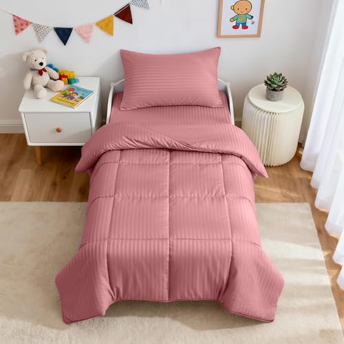 Image of ZPECC Toddler Bedding Set - 4 Piece Hypoallergenic Baby Crib Bedding Set for Boys and Girls, Includes Toddler Comforter, Flat Sheet, Fitted Sheet and Pillowcase, Dusty Rose