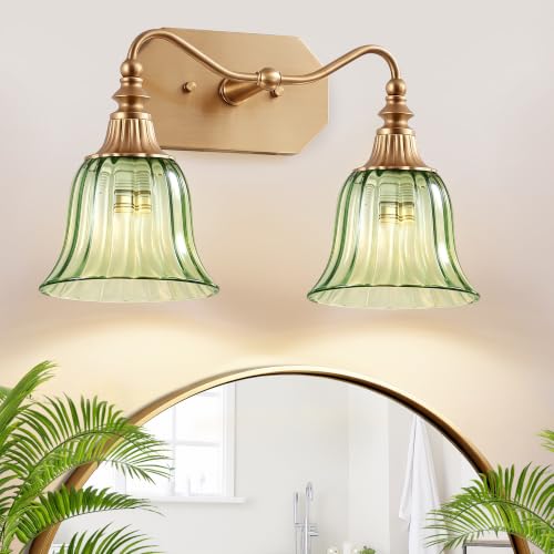 Image of LmnLvn Vintage Gold Bathroom Vanity Light, 2-Light Green Crystal Glass Shade