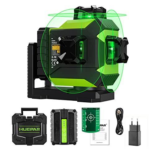 Huepar Nivel Laser Autonivelante 360 grados, 12 Líneas Cruzada Nivel láser con Función de Autonivelación y Pulso, 3D Nivelador Láser 30M, Batería de litio, CableType-C, Base Magnética, Estuche Rígido Cover