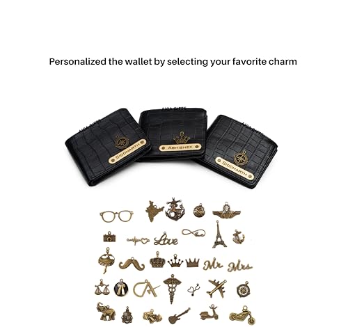 Image of AICA Personalised Name & Charm Leather Mens Wallets (Black) |Purse for Men Wallet | Gift for Man| Customized Wallets for Men |Rakhi Set Raksha bandhan Gift for Brother | Rakhi Gift Hamper for Brother