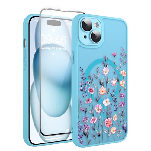Coque iPhone 15 Plus MagSafe motif floral bleu clair avec protège-écran