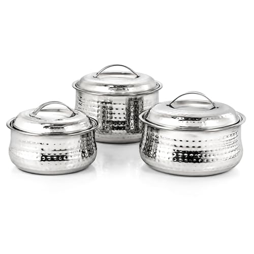 Image of Aanya Homecraft Stainless Steel Insulated Hotpot Set, Silver Serving Casserole for Roti, Rice, Curry & Food Storage, Home & Kitchen Serveware, Set of 3 Sizes