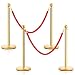 Goplus 4Pcs Stainless Steel Stanchion Posts Queue Pole Retractable 2 Ropes Crowd Control Barrier with 5Ft Red Velvet Rope, Gold