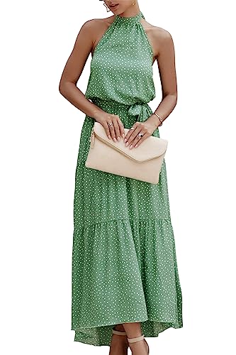 Image of PRETTYGARDEN Women's Halter Neck Floral Long Maxi Dress Casual Sleeveless Backless Dresses Loose Ruffle Sundress with Belt