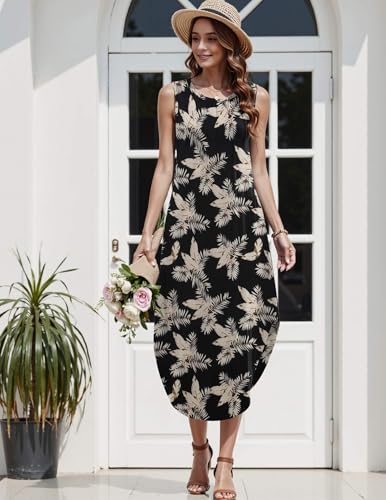Image of Zeagoo Women Floral Summer Casual Beach Printed Tank Dress with Pockets Pleated Front Long Dress